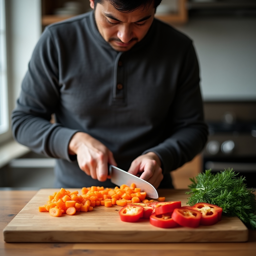 Person carefully slicing fresh vegetables on a wooden cutting board in a home kitchen