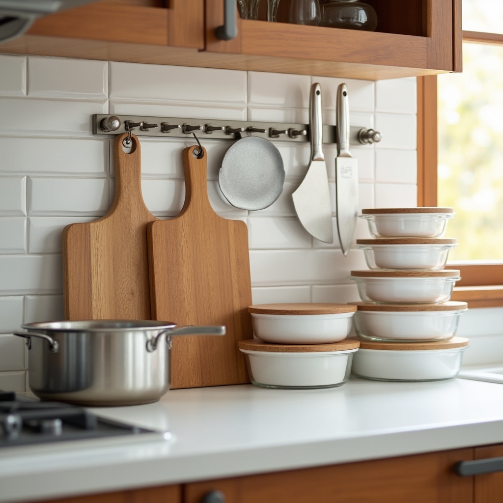 Neatly arranged kitchen tools including cutting boards, knives, pots, and measuring cups on a clean countertop