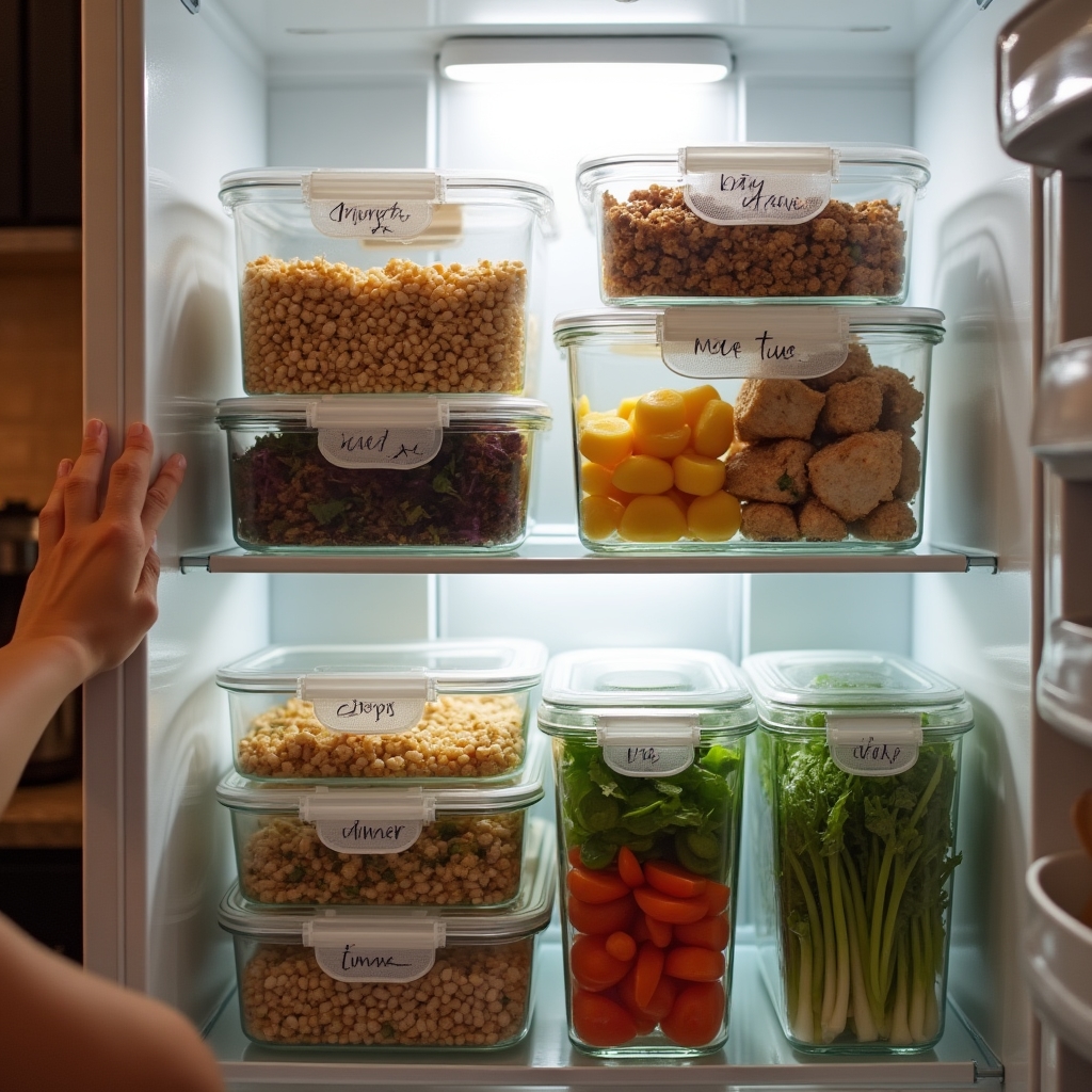 Neatly organized meal prep containers stacked in a refrigerator with labeled lids