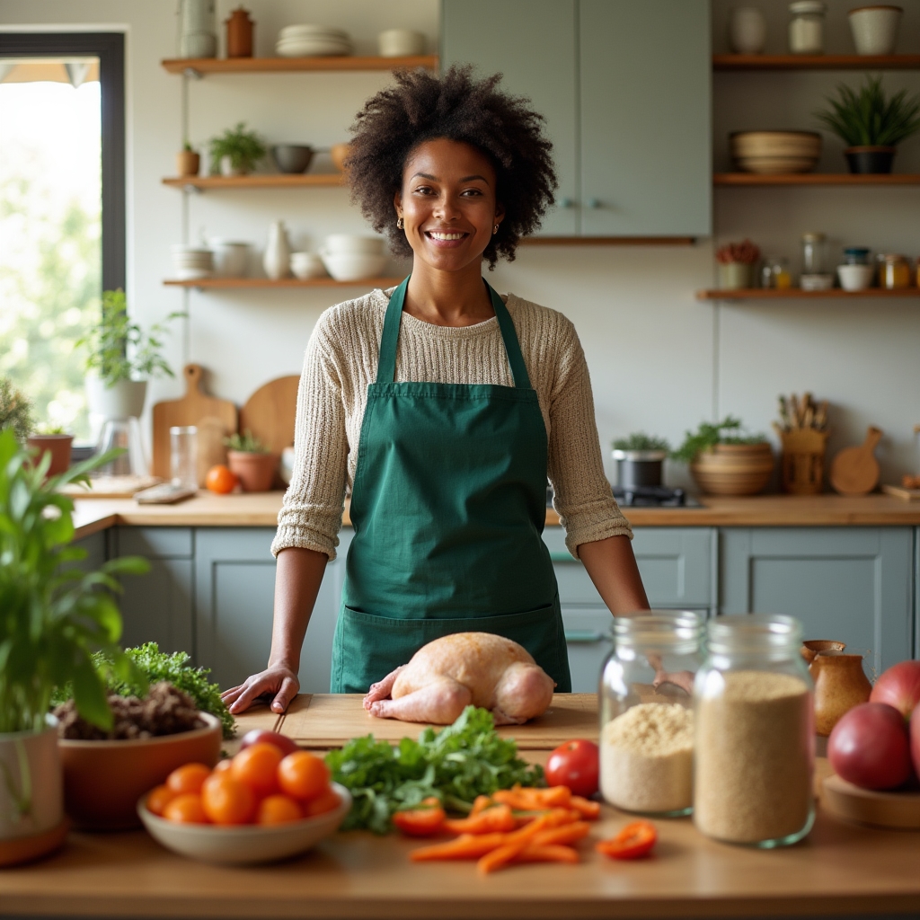 Organized Sunday meal prep session with fresh ingredients spread across a kitchen counter